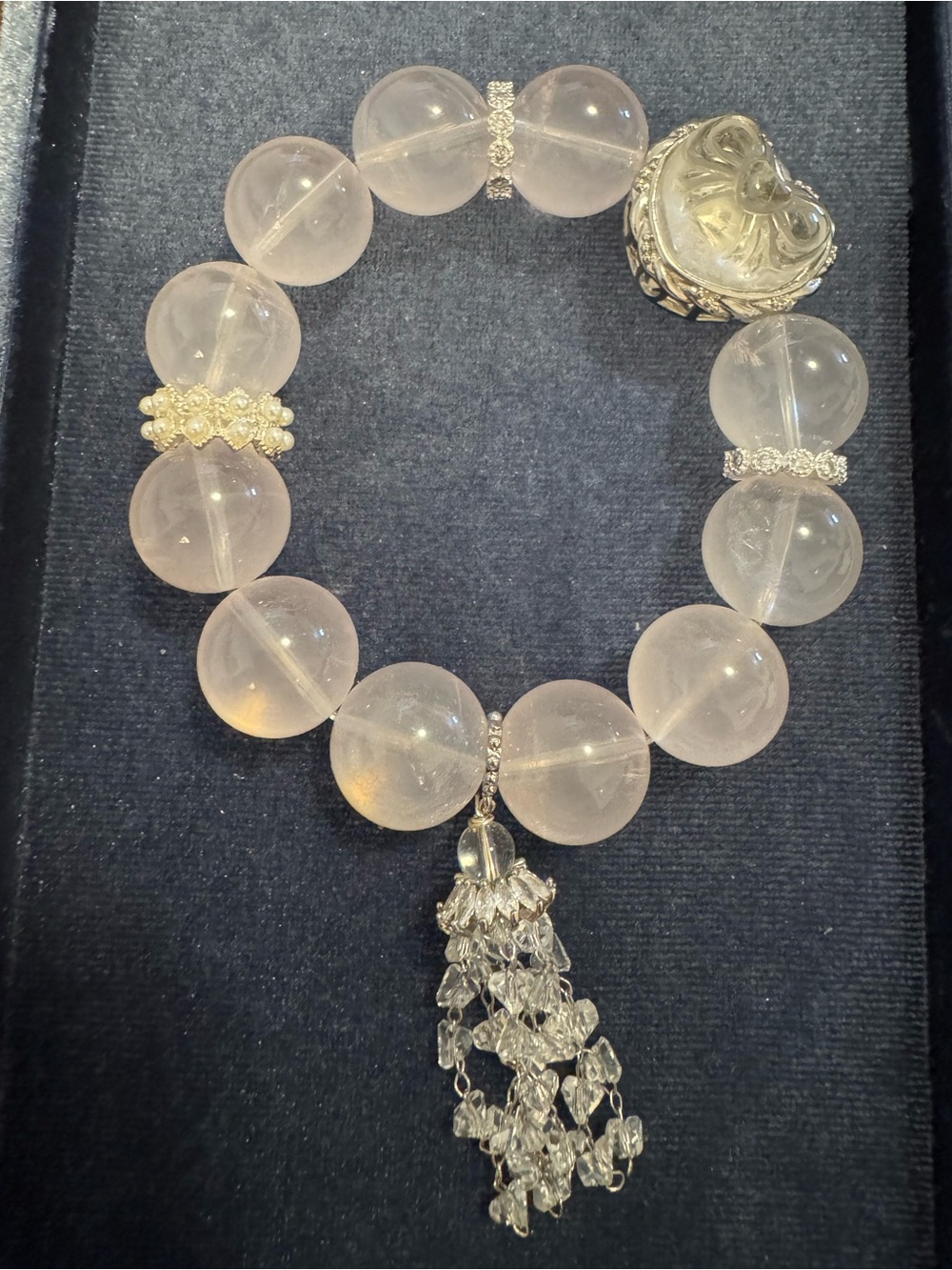 Rose quartz chunk large beaded bracelet sweetheart charm with tassel dangle